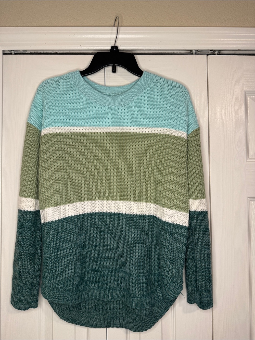 SO womens Colorblock Crewneck Sweater in Aqua, Olive & Teal